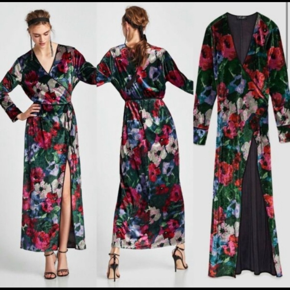 Zara floral print velvet kimono wrap maxi dress
